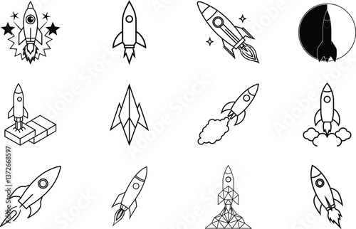 Twelve Rocket Launch Icons Startup, Space, Technology, Innovation Designs