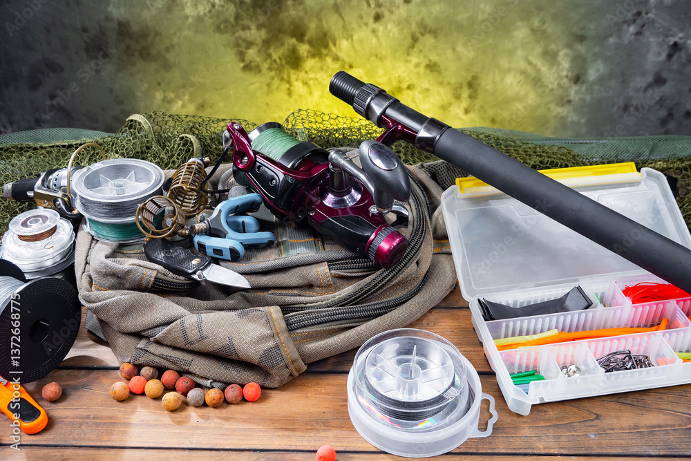 Fishing items in a tabletop arrangement