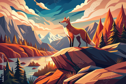 A majestic Fox standing proudly on a rocky cliff, gazing over the rugged landscape
