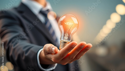 A Businessman Holding a Bright Lamp