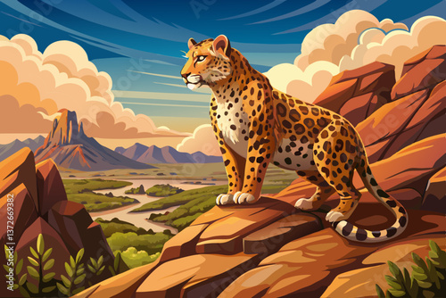 A majestic Leopard standing proudly on a rocky cliff, gazing over the rugged landscape