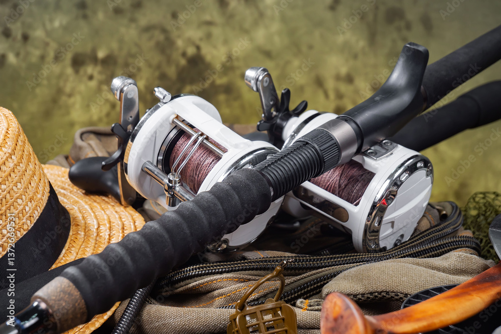Fishing items in a tabletop arrangement