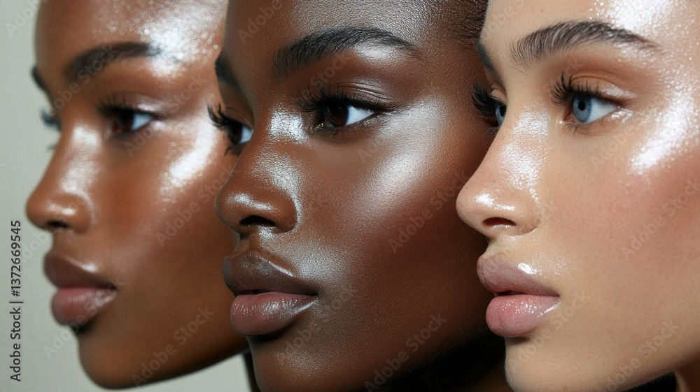 Beauty Close-Up of Three Diverse Women with Glossy Skin, Flawless Complexions, and Radiant Lighting Beauty Close-Up of Three Diverse Women with Glossy Skin, Flawless Complexions, and Radiant Lighting