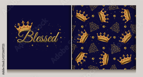 Horizontal label, seamless pattern with golden crown, diamonds. Dark blue background. Vintage style.