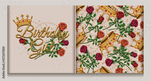 Luxury label, seamless pattern with golden crown, scattered jewelry, pearl necklaces, red roses with stem. Detailed illustration in vintage style. Holiday design