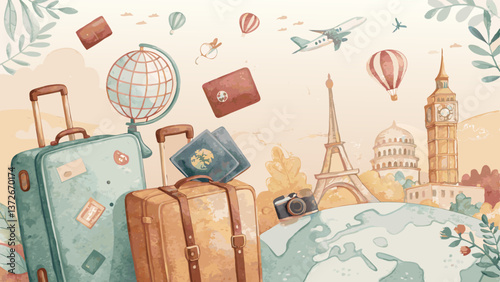 *Artistic watercolor travel essentials background with suitcases, passports, and icons in soft colors for World Tourism Day with copy space*  