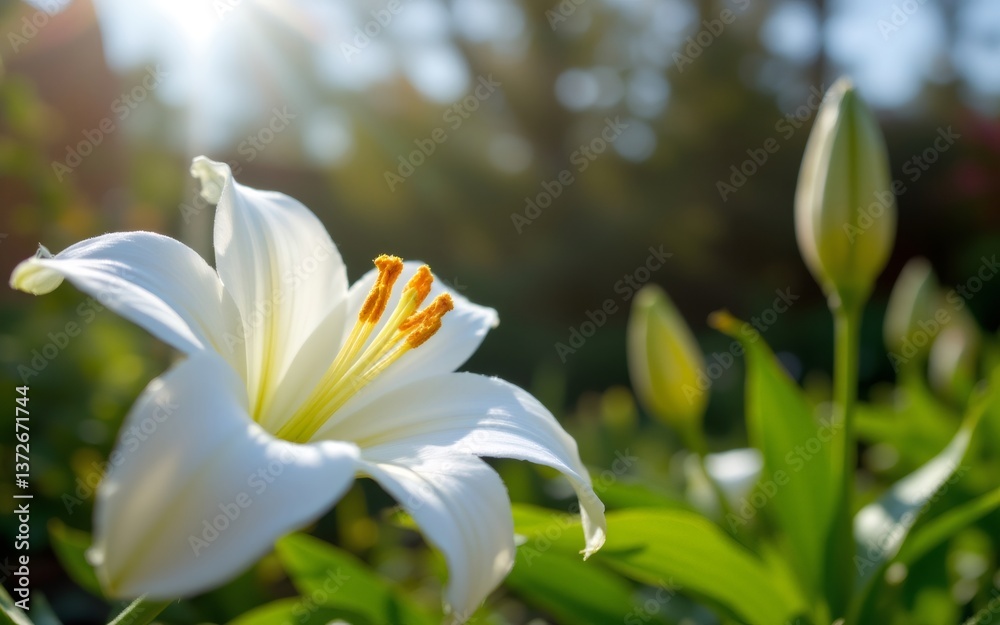 Fototapeta premium A close-up of a white flower with golden stamens, set against a soft-focused green background