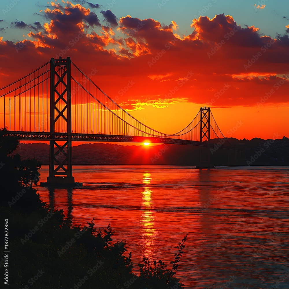 Fototapeta premium Sunset Bridge Silhouette with River Landscape.