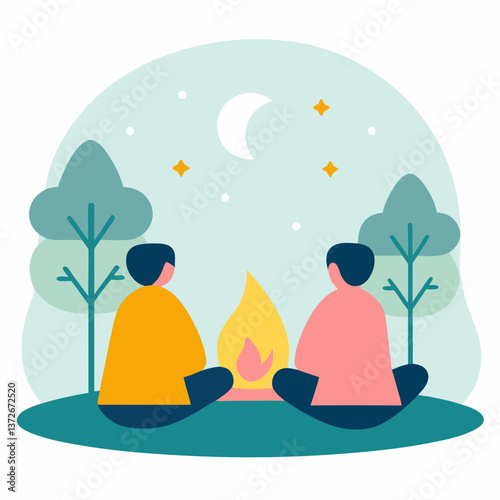 Two friends sitting by a campfire under the moonlight with a cozy atmosphere