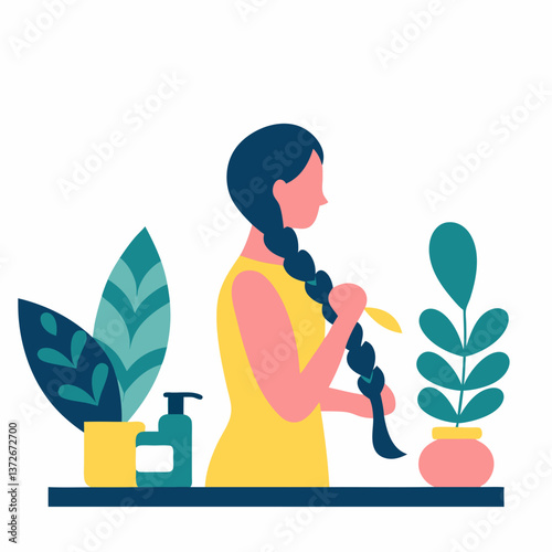Woman braiding her hair while surrounded by plants in a cozy indoor setting
