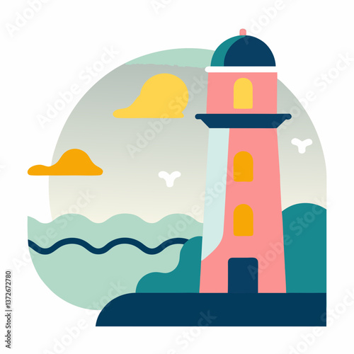 Stylish lighthouse on the coast with a serene sea view and colorful sky
