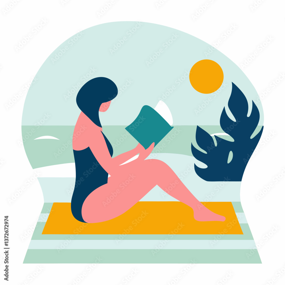 Obraz premium Woman reading a book on the beach with a serene atmosphere and sunny weather