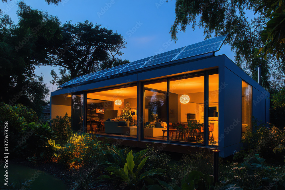 Fototapeta premium A cozy evening at a modern solar-paneled house with warm interior lights creating a tranquil and inviting atmosphere
