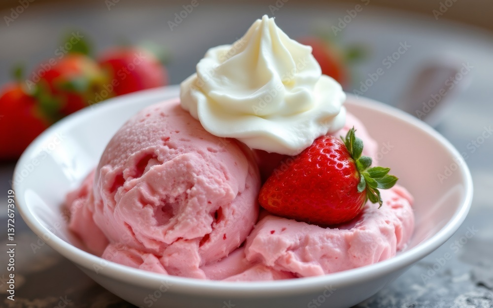 A delicious scoop of strawberry ice cream topped with whipped cream and a fresh strawberry A delicious scoop of strawberry ice cream topped with whipped cream and a fresh strawberry