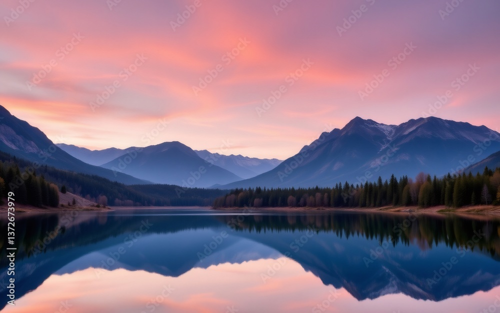 Tranquil lake at sunset with mountains reflecting in the water and a colorful sky overhead Tranquil lake at sunset with mountains reflecting in the water and a colorful sky overhead