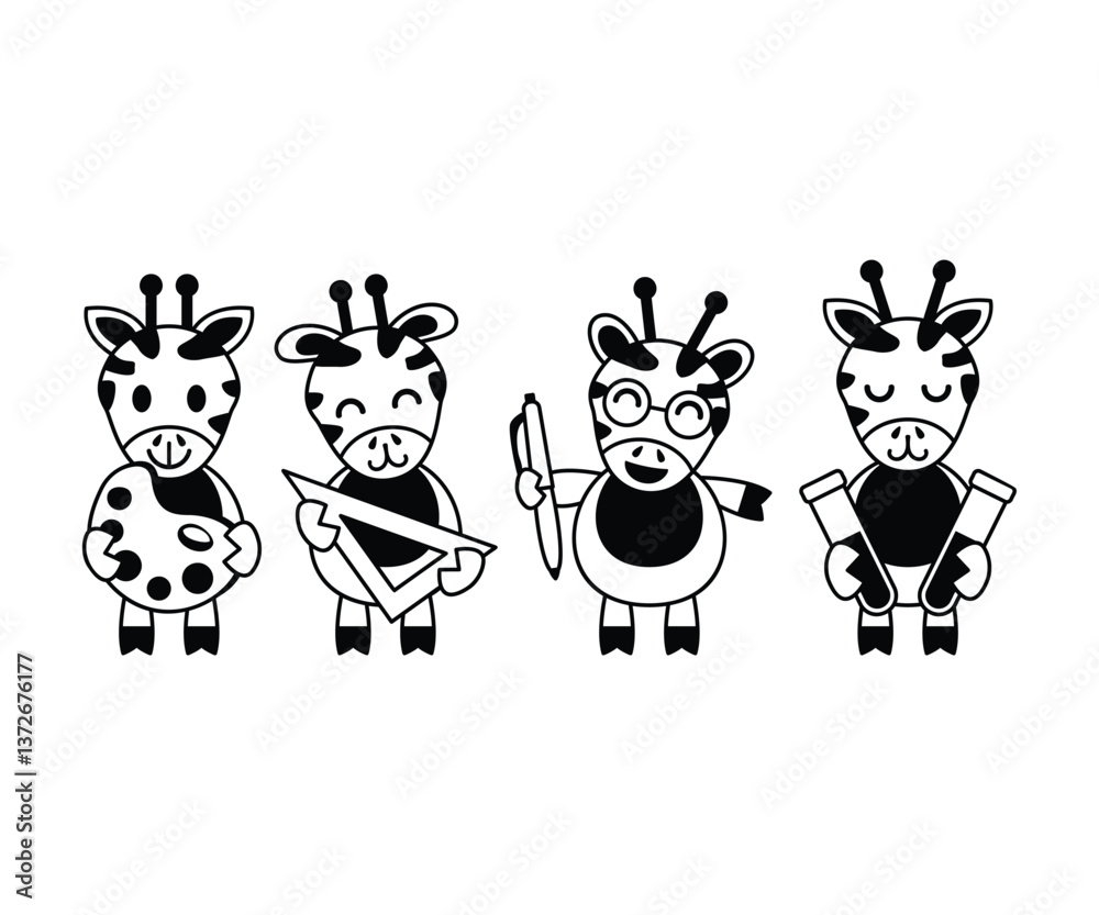 Obraz premium Cute Cartoon Giraffes in School Setting Holding Art Supplies Vector Design Illustration