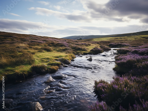 Highland moors with purple heather patches and streams threading through the cloudy sky