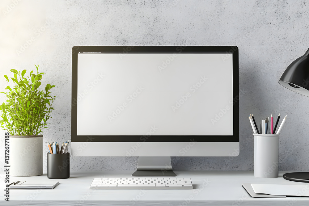 Fototapeta premium Computer screen on desk with plant and stationery. 3D Rendering
