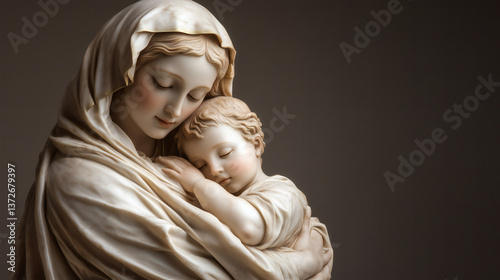 Escultura de la Virgen María abrazando al niño Jesús con ternura