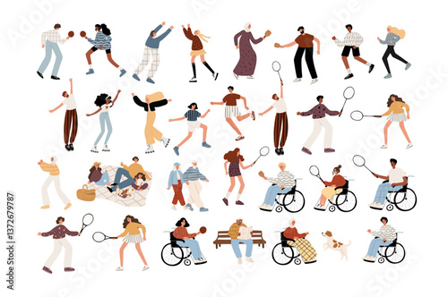Collection of vector illustrations showcasing diversity people enjoying sports and leisure in city parks. Includes tennis, running, roller-skating, and more. Perfect for branding, web, print projects.