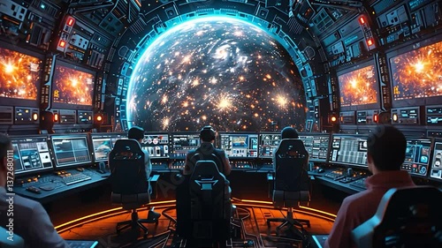 Futuristic spaceship control room with view of cosmos