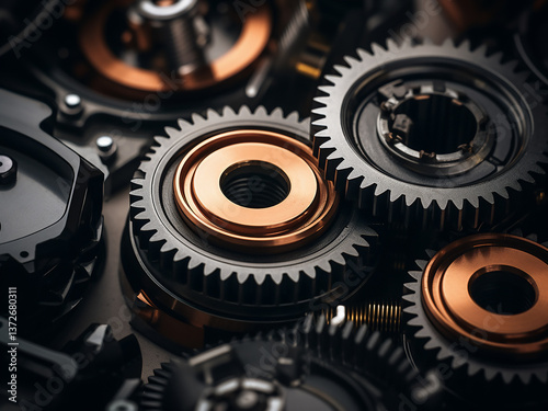 Circular metallic gears meshing precisely forming synchronized motion intricate mechanical symmetry
