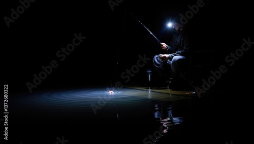 Nighttime fishing activity with artificial light illuminating calm water and angler in dark surroundings Generative AI
