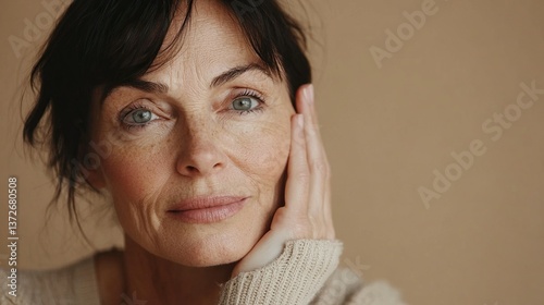 Close up shot of middle aged beautiful woman applies anti aging cream on face undergoes beauty treatments cares about skin poses against beige background. Wrinkled female model with cosmetic product
