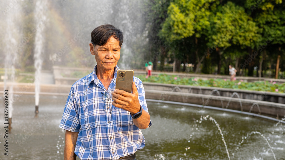 Fototapeta premium Senior Man Using Smartphone in Park With Water Fountain During Daytime