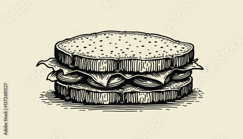 Hand-drawn illustration of a delicious sandwich with layers on a light background