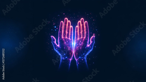 A futuristic digital illustration of four hands clasped together in a square, formed by glowing blue interconnected lines and dots, symbolizing unity and teamwork in a high-tech