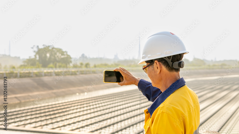 Obraz premium Construction Worker Taking Mobile Phone Pictures of Solar Panels at Renewable Energy Site During Golden Hour in Urban Area