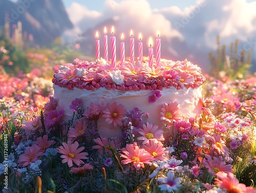 A beautifully decorated cake with candles sitting amongst flowers