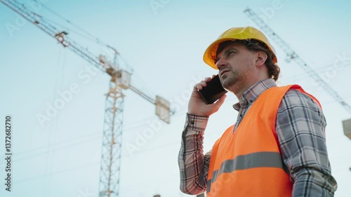 Wallpaper Mural Caucasian male builder in hard hat and orange vest talking on phone at construction site. Cranes and clear sky provide industrial backdrop. Professional contractor speaking on telephone. Mobile talk. Torontodigital.ca