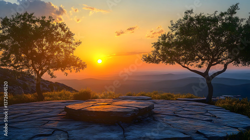 Breathtaking sunset over a scenic landscape with tranquil trees and an inviting rocky overlook 
