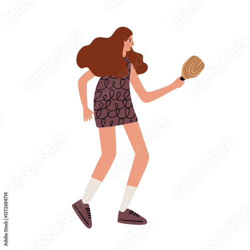 illustration of a woman playing paddle ball. A young woman in a patterned dress and sneakers holds a racket. Active leisure scene in a flat vector style. Flat vector illustration.