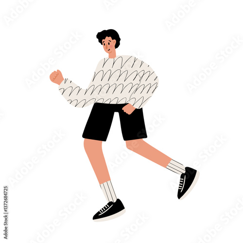illustration of a young man running. A boy in a white patterned sweater and shorts runs. Dynamic outdoor scene. Flat vector illustration.