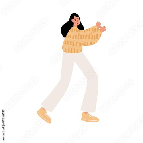 illustration of a woman enjoying a dance. A woman in a yellow sweater and white pants moves gracefully. Fun and carefree park activity. Flat vector illustration.