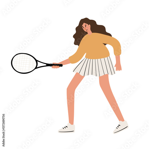 illustration of a woman playing tennis. A woman in a yellow sweater and a pleated skirt gets ready to hit the ball. Dynamic and playful sports moment. Flat vector illustration.