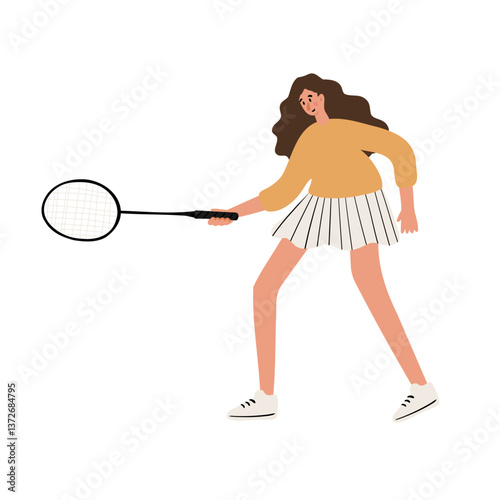 illustration of a woman playing badminton. A young woman in a yellow sweater and pleated skirt leans forward with a racket. Sporty and playful park scene. Flat vector illustration.