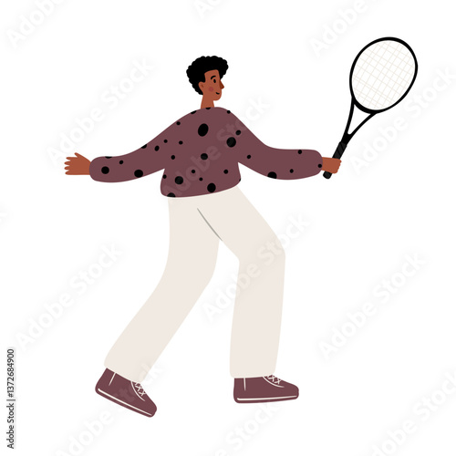 illustration of a black man holding a tennis racket. A man in a sweater and white pants prepares to swing. Fun and energetic outdoor sports scene. Flat vector illustration.