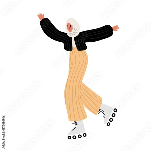 Illustration of a woman in a hijab roller skating. She wears a black sweater, a beige pleated skirt, and skates. Her arms are open as she moves. Flat vector illustration.