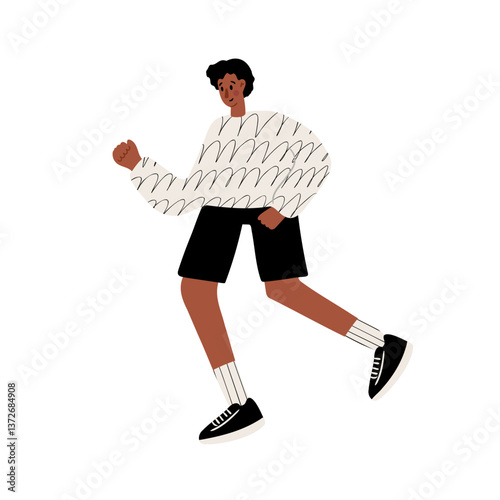 illustration of a black young man running. A boy in a white patterned sweater and shorts runs. Dynamic outdoor scene. Flat vector illustration.
