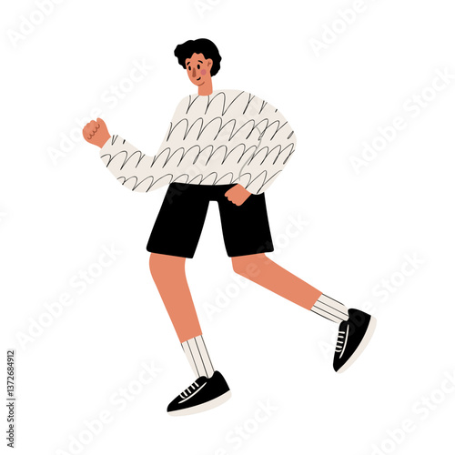 Illustration of a young man jogging. He wears a white sweater with a wavy pattern, black shorts, and sneakers. He appears in motion. Flat vector illustration.
