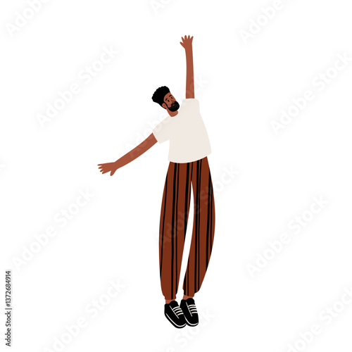 illustration of a person stretching with arms raised. A black young man in a white t-shirt and striped pants stands with his arms up. Relaxing and warming up for exercise. Flat vector illustration.
