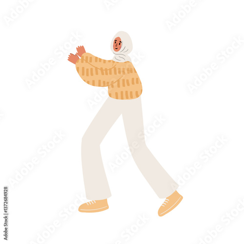 illustration of a black woman enjoying a dance. A woman in a yellow sweater and white pants moves gracefully. Fun and carefree park activity. Flat vector illustration.
