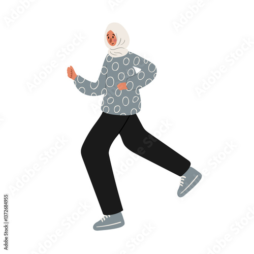 Illustration of a woman in a hijab walking. She wears a blue patterned sweater, black pants, and sneakers. Her posture suggests a casual stroll. Flat vector illustration.