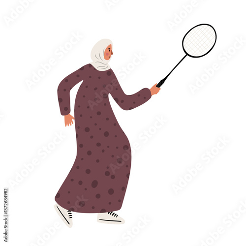 Illustration of a woman in a hijab playing badminton. She wears a long purple dress with a floral pattern and sneakers. She holds a racket mid-game. Flat vector illustration.