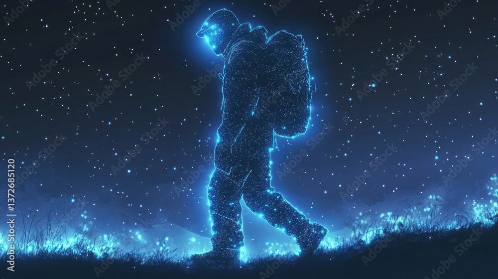 Fototapeta premium A digital hiker walks through a starry glowing landscape