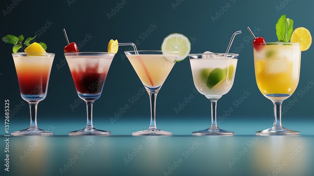 Row of five drinks with a lime wedge in each. The drinks are in different shapes and sizes, and they are all on a blue table Row of five drinks with a lime wedge in each. The drinks are in different shapes and sizes, and they are all on a blue table